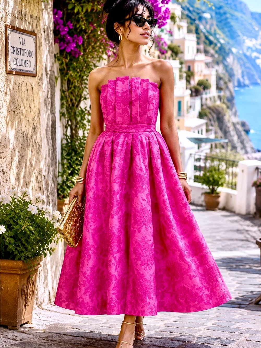 Entro Pink Floral Jacquard Strapless Midi Dress L Pockets Barbiecore - Picture 15 of 16